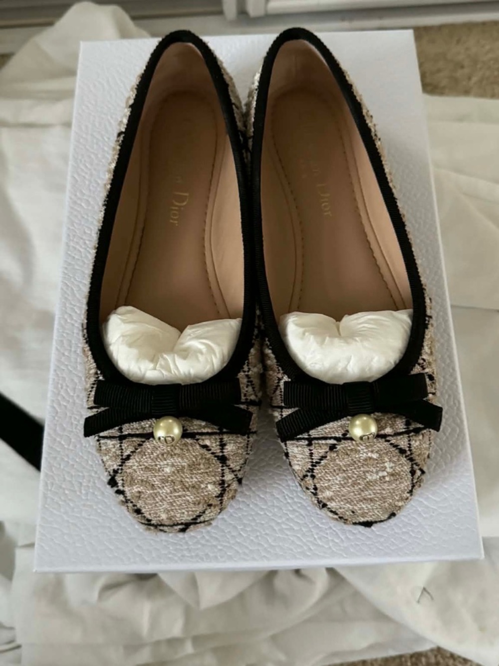 Dior Beige Tweed Ballet Flats with Black Trim and Pearl Bow size 35